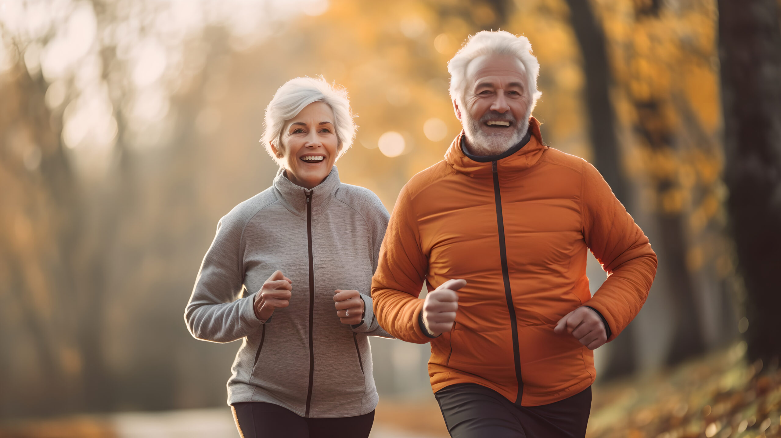 Active senior couple jogging outside in city park along alley with green trees. Happy joyful retirees wife and husband jogging outside in the park